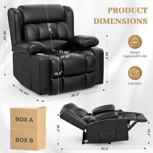 Recliner Chair for Adults, Oversized PU Leather Loveseat Recliner Manual Pull Tab Reclining Chair with Cup Holders, Minimalist Style Single Sofa for Living Room, RV (Black)