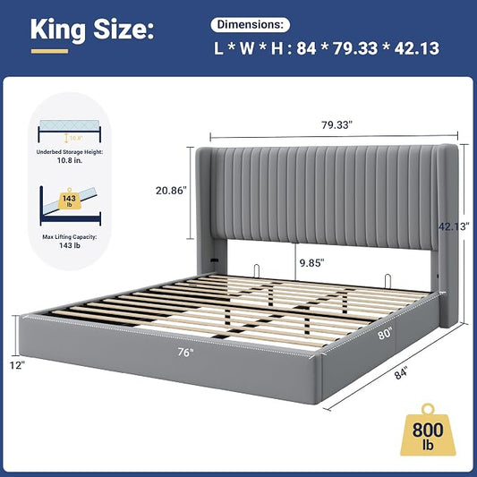 Allewie King Size Lift Up Storage Bed Frame, Hydraulic Support System, Upholstered Platform Bed Frame, Underneath Storage, Vertical Channel Tufted Headboard with Wingback, No Box Spring Needed, Grey