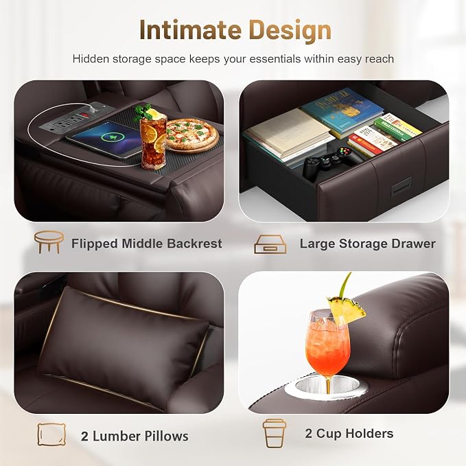 Power Loveseat Recliner Sofa, Home Theater Seating with Heat Massage, Reclining Loveseats with Flip Backrest, Wall Hugger RV Couch Movie Theater Chairs, RV Furniture Sofas with USB, for Gaming Room