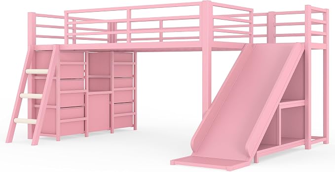 Bellemave Twin Size Low Loft Bed with Slide & 7 Fabric Storage Drawers,Metal Loft Bed Frame with Shelves and LED Lights for Boys Girls,Kids Loft Bed Twin,Pink