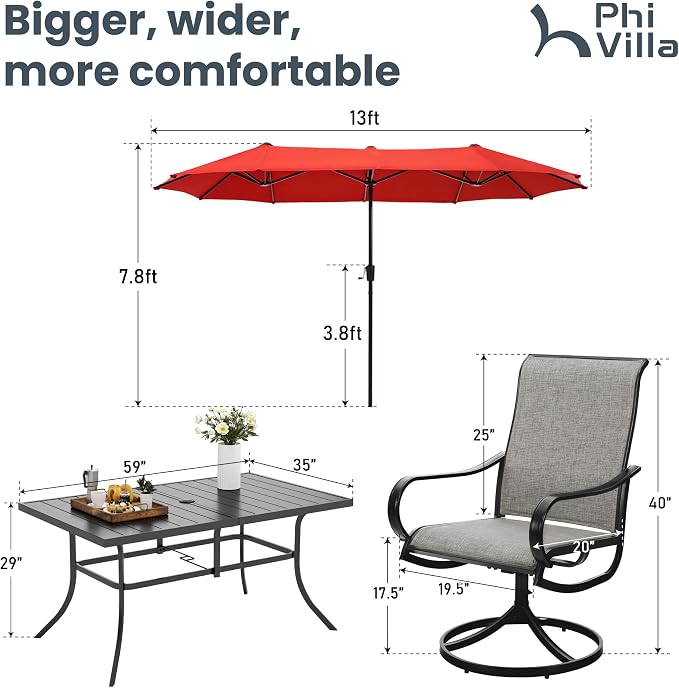 PHI VILLA 8 Piece Outdoor Dining Set with 13ft Patio Orange Red Umbrella, 6 Swivel Textilene Fabric Dining Chairs & 1 Large Metal Table for Garden Backyard Poolside Deck (No Umbrella Base)