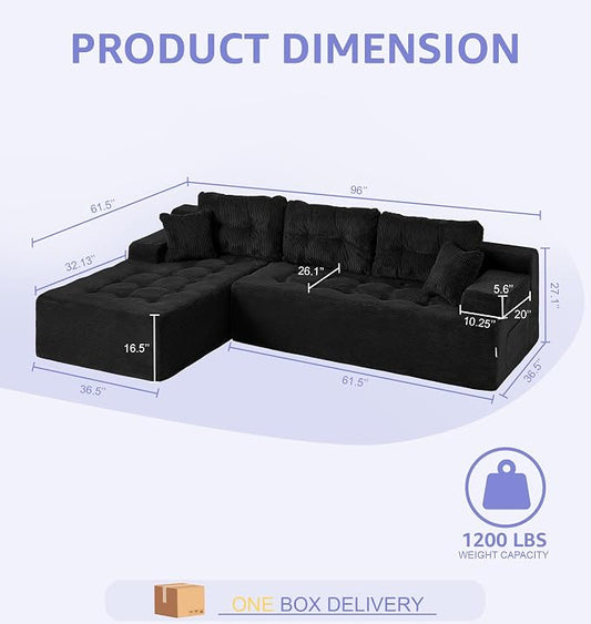 Hobestluk Modular Sectional Sofa Couches L-Shape Couch 3 Seat Modular Sofa Memory Foam Sectional Couches for Living Room, Cloud Couch with Oversized Chaise (Ebony Corduroy, 96", Left Hand Facing)