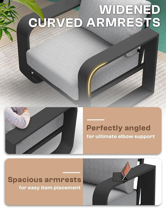 Aluminum Outdoor Sofa Bistro Set, Oversized Patio Conversation Sets Widened Armrest & Ultra-Thick Cushions, Deep Seating Patio Furniture Set for Backyard, Porch, Gray