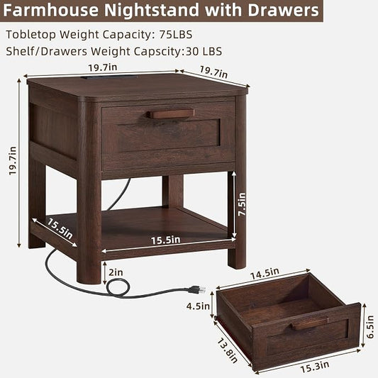 Joaxswe Farmhouse Night Stand with Charging Station, Wood Bed Side Table with Drawer & Open Storage Shelf for Bedroom, Walnut