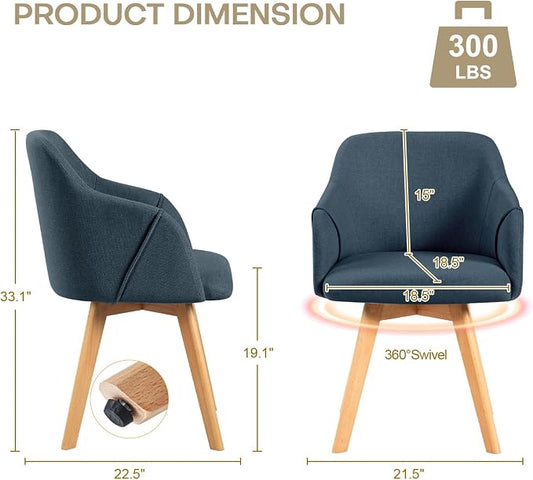 Swivel Dining Chairs Set of 4, Mid Century Modern Dining Chairs with Arms and Wood Legs, Linen Fabric Upholstered Kitchen Chairs for Dining Room Living Room, Comfortable Widen Seat, Blue