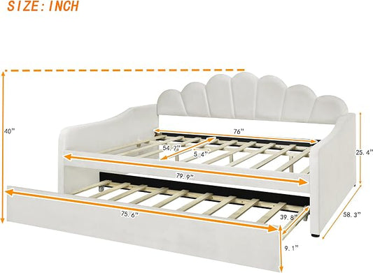 Ball & Cast Full Size Daybed with Trundle,Velvet Upholstered Day Bed Frame Full with Shall Shaped Backrest and Wood Slat Support,No Box Spring Needed,White