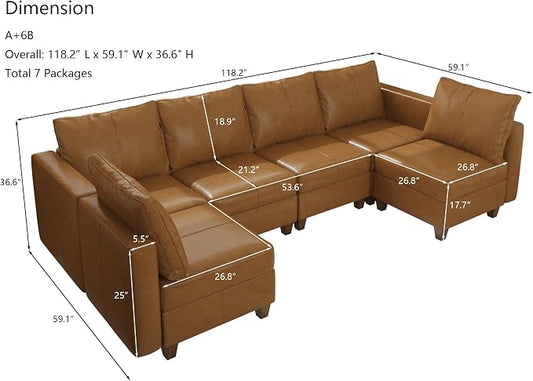 EASE MOOSE Modular Sofa with Storage, Faux Leather Sectional Sofa U Shaped Sectional Couches for Living Room, Brown