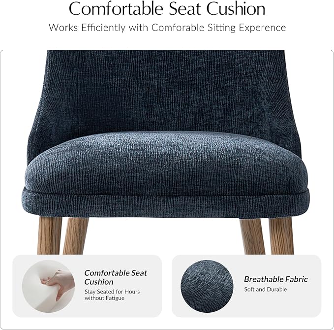 Upholstered Dining Chairs Set of 2, Fabric Dining Room Chairs with Curved Backrest, Solid Wood Legs, Modern Kitchen Chairs for Dining Room Living Room, Navy