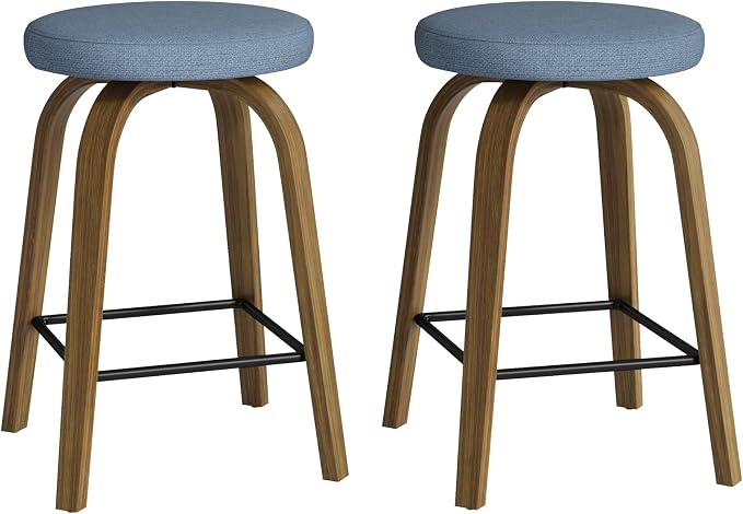 Bar Stools Set of 2, Counter Height Backless Bar Stools, 26" Swivel Barstools Kitchen Chair with Upholstered Fabric Seat, Blue