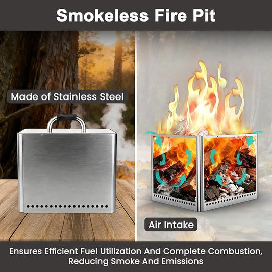 Uniflasy Smokeless Fire Pit and Fire Pit Surround Tabletop, Portable Protective Barrier Equal Width, Safety & Extra Space, 48" Outdoor Tabletop & 17" Smokeless Firepit for Backyard, Camping & Party