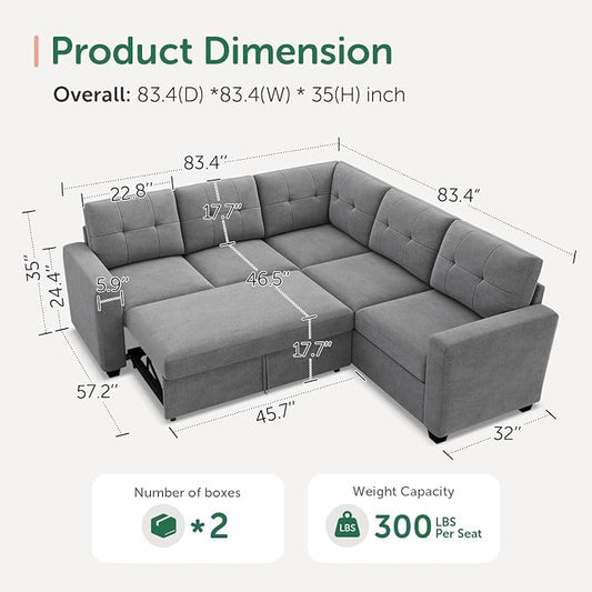 HONBAY 83.4 Inch U-Shaped Sectional Sleeper Sofa with Pull-Out Bed, 5-Seater Sectional Sofa for Living Room, Pet-Resistant Fabric Couch, Grey