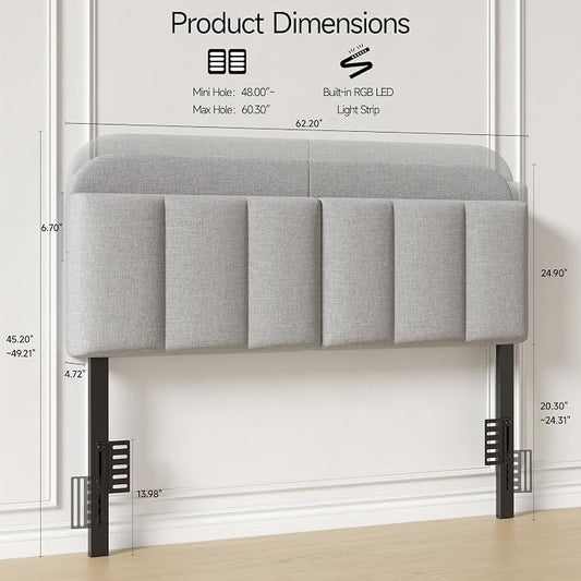 Queen Size Adjustable Headboard, Upholstered Headboard with Storage, APP Controlled LED Light, Padded Head Board Only, Sturdy Metal Foot Frame, Vertical Channel Design for Bedroom, Grey