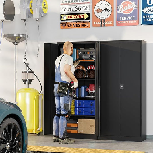 Metal Storage Cabinet with Lock,71" Black Garage Cabinet with 2 Doors and 4 Adjustable Shelves, Steel Locking Cabinets Tall Tool Storage Cabinet, Lockable File Cabinet for Home Office, Pantry