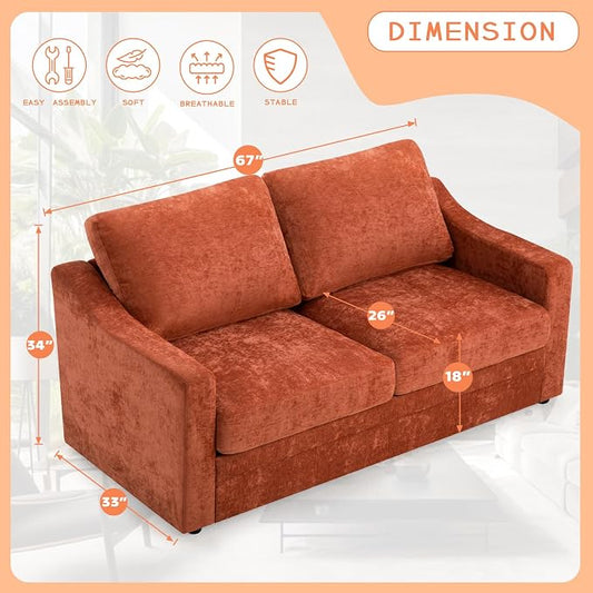 67” Chenille Loveseat Sofa w/Comfortable Back Cushions, Orange | Modern 2-Seat Couch w/Deep Seat Space, Upholstered 2 Seaters Sofa w/High Resiliency Foam for Living Room