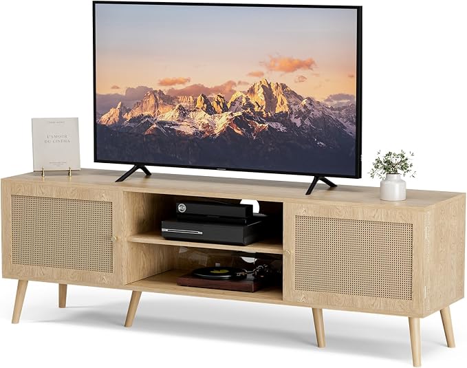 ZttRiee TV Stand with Rattan Doors for TVs up to 65", Mid-Century, Natural | 54.7"W x 15.7"D x 18.9"H, 150 lbs capacity, 2 rattan-door cabinets & 1 shelf (4 compartments), 2 cord holes, 6 wood feet