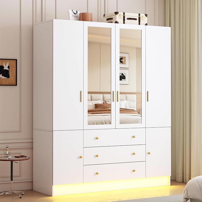 4 Doors LED Armoire Wardrobe Closet with Mirror, 75" Tall Modern Wooden Wardrobe Closet with 3 Drawers, Freestanding Clothing Storage Cabinet with Hanging Rod, Adjustable Shelves, White
