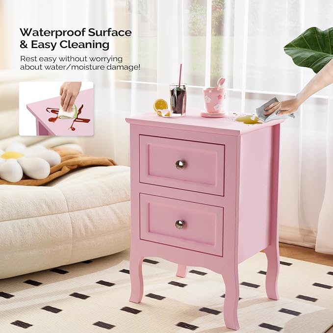 Bonnlo Nightstand Set of 2, Nightstands with 2 Drawers, Bed Side Table/Night Stand, Pink Nightstand, Small Nightstand for Bedroom, College Dorm, Kids’ Room, Living Room, Wood, 16W x 12D x 24H