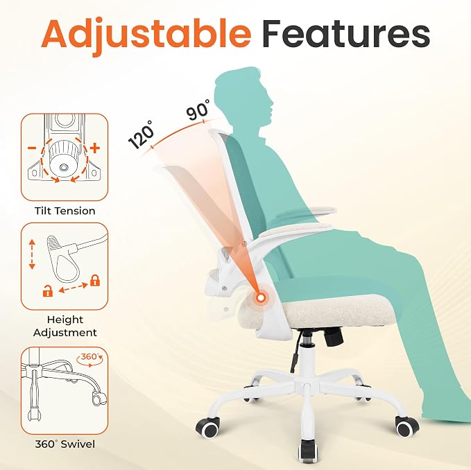 NEO CHAIR Office Chair Computer Desk Chair Ergonomic Gaming Comfy Mesh with Flip-up Arms Lumbar Support Adjustable Height Rolling Wheels for Home Office (Ivory)