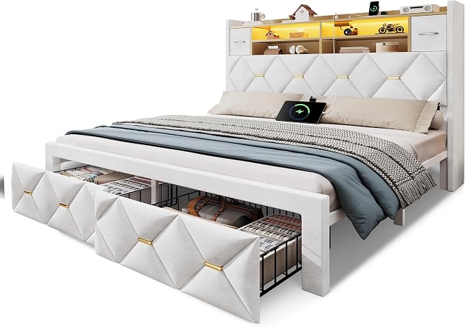 YITAHOME Queen Size Bed Frame with 2 Storage Drawers and Storage Headboard, Upholstered Platform with Charging Station and LED Light, No Box Spring Needed, Noise Free, Easy Assembly, Velvet White