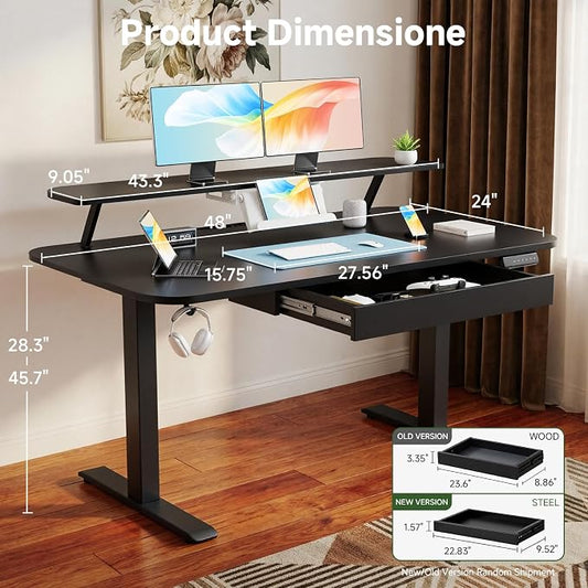 GTPLAYER Electric Standing Desk with Drawers, 48 x 24 Inches Height Adjustable Computer Desk with Monitor Stand, Laptop Stand, Home Office Sit Stand Up Desk with Memory Preset, Black