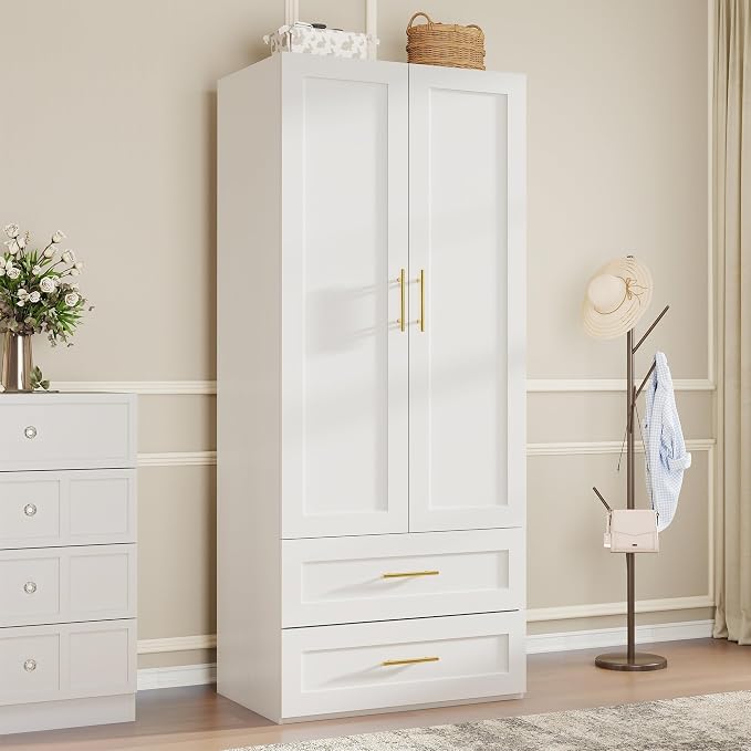 Armoire Wardrobe Closet with Drawers: 75" White Wardrobe Closet with 6 Doors and 6 Drawers, Wood Armoire Closets Cabinet for Hanging Clothes, Bedroom Armoires with Hanging Rod (94.5")