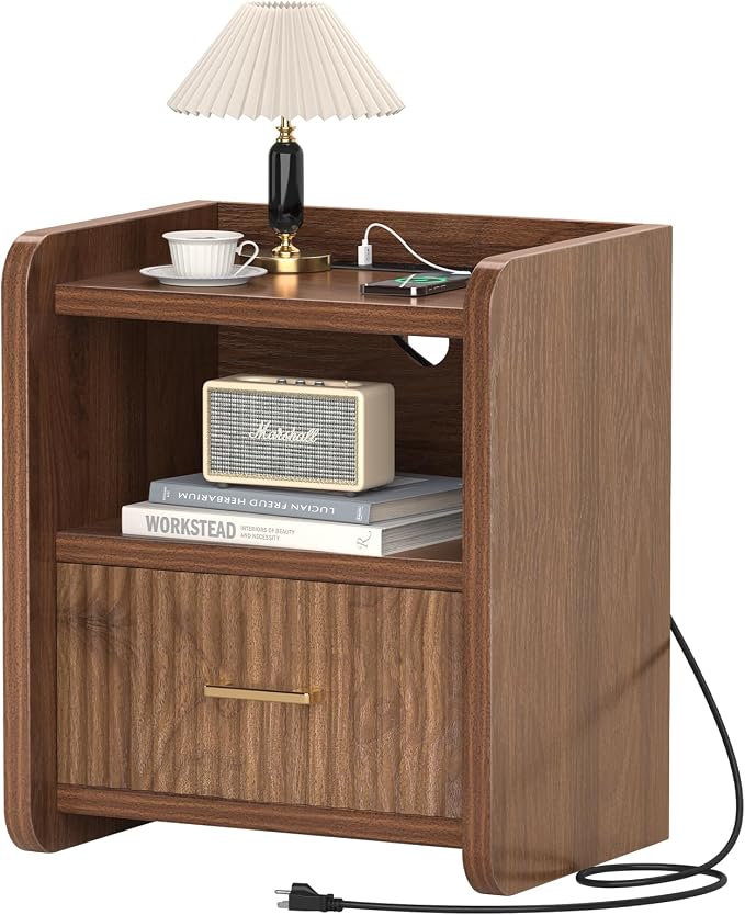 Night Stand with Charger Station - Modern Wood Nightstand with Drawer Storage, Fluted Wide Nightstands Bedside Table, Mid Century Night Stands for Bedroom Home Office Sofa, Walnut