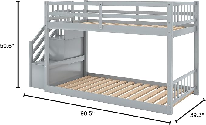 Twin Over Twin Bunk Bed with Ladder and for Storage Staircase for Teens, Boys or Girls, No Box Sping Needed