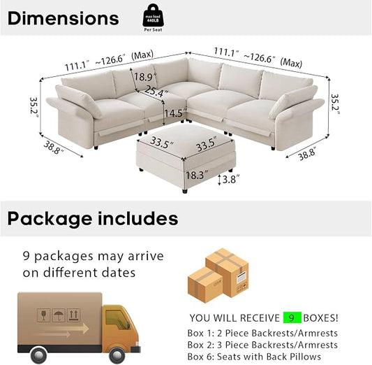 DreamDashio 126″ 6-Seat Modular Sectional Sofa for Living Room, Oversized Cloud Couch with Storage, 8 Adjustable Backs & 8 Pillows, High Back, Beige Chenille