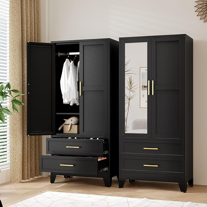 Metal Armoire Wardrobe Closet Storage Cabinet with 2 Doors Black, 71'' Wardrobe with Hanging Rod Metal Closet with Adjustable Shelf and 2 Drawers, Freestanding Storage Cabinet for Bedroom