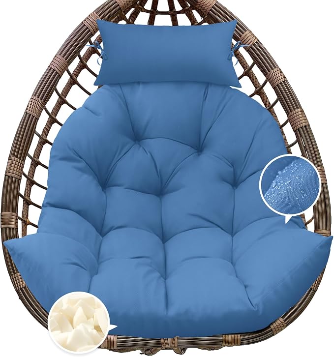 Outdoor Hanging Egg Chair Cushion Replacement, Thicken Egg Chair Cushion Waterproof Basket Eggs Chairs Cushion with Headrest Pillow, U-Shaped Cushions for Hanging Eggs Chairs (Royal Blue)
