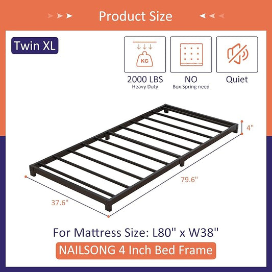 Nailsong 4 Inch Twin XL Bed Frames Low Profile, XL Twin Bed Frame No Box Spring Needed, Heavy Duty Metal, Easy Assembly, Black