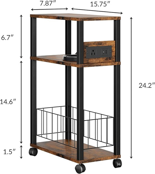 DGSANDGO Narrow Rolling Side Table with Charging Station (Outlets/USB Ports) & Storage Basket - Small Space End Table for Living Room Bedroom Office (Rustic Brown)