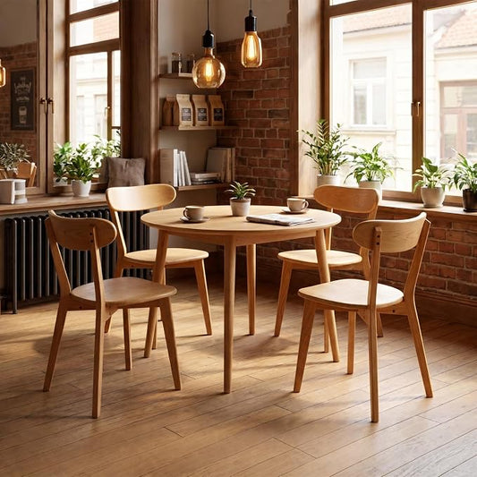 Solid Oak Wood Dining Chairs Set of 6 | Heavy Duty 400 lbs Commercial Grade | Natural Finish | Mid Century Modern Curved Back Wooden Chairs for Home Kitchen Restaurant | Easy Assembly