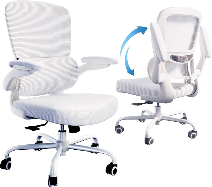 TRALT Ergonomic Office Chair - Desk Chair with Adjustable Lumbar Support Computer Chair - Mesh Comfy Chair with Flip-up Armrests - Gaming Chairs for Adults Home Office (Leather, White)