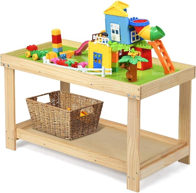 Costzon 2 in 1 Kids Activity Table w/Storage, Patented Building Block Table w/Board for Bricks Crafts Arts Draw, Children Solid Wood Play Table Desk for Preschool Toddler Boy & Girl Gift, Natural