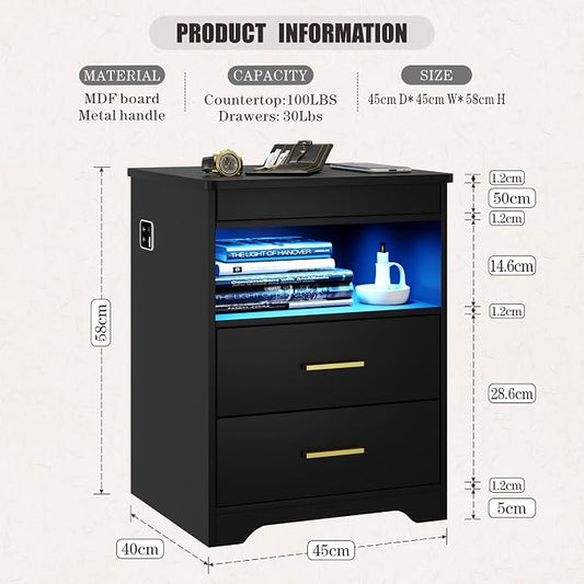 Nightstand with Gun Drawer, Charging Bedside Table with USB-A & Quick-Charge Type-C Port, LED Night Stand with Soft Glow Human Sensor Light, Modern End Table with Drawers for Bedroom Office, Black