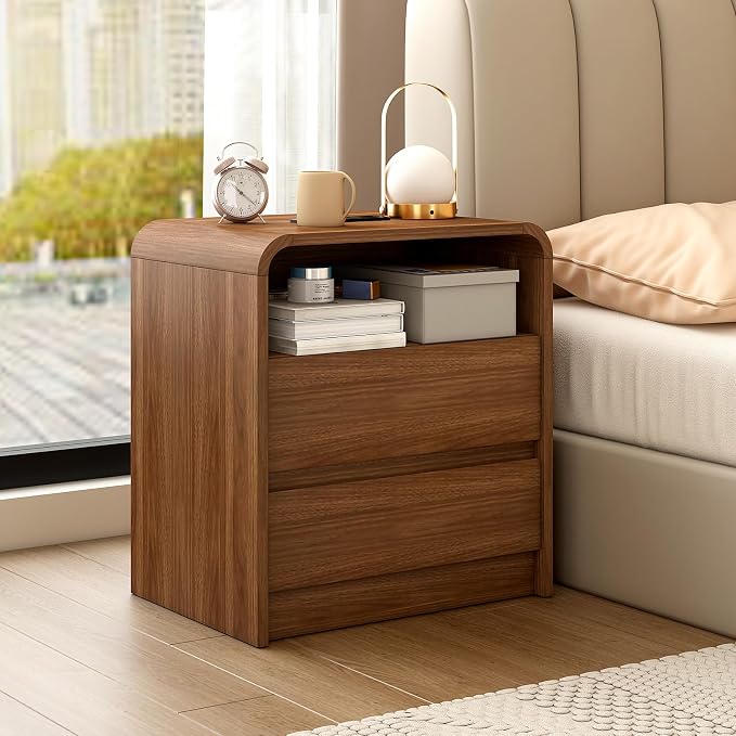 23.6" Walnut Nightstand with Charging Station, Anti-Collision Mid Century Modern Bedside Table with 500 LB Capacity, Soft Close Drawers Night Stand with Hidden Storage & Pre-Embedded Parts for Bedroom