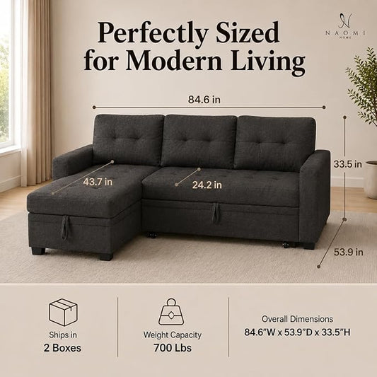 Naomi Home 84" L-Shaped Sectional Sleeper Sofa with Pull Out Bed | Sleeps guests comfortably, stores essentials in chaise & saves space, Velvet, Espresso convertible sofa bed