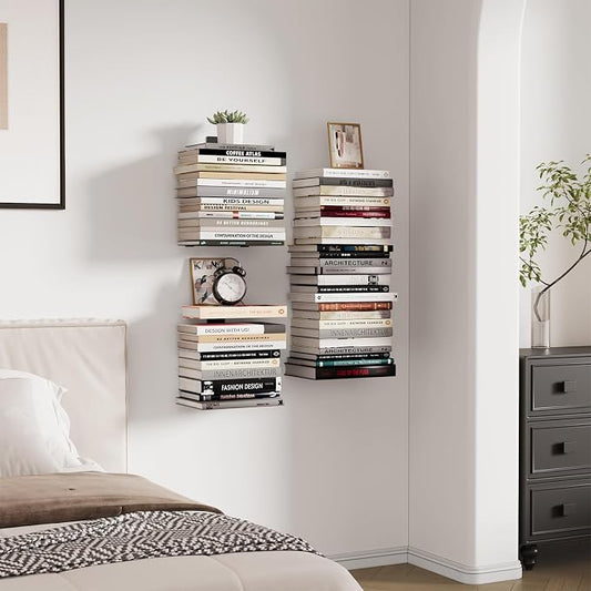 Wawocs Invisible Bookshelves for Wall, 6 Tier Floating Bookshelf Made of Heavy Duty Metal, Vertical Spine Book Tower Hanging Wall Bookshelf, Floating Book Shelves for Wall, 3 Pack Black