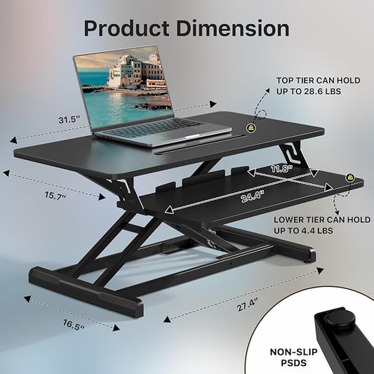 JOY worker Standing Desk Converter, 32" Wide Height Adjustable Sit Stand Up Desk Riser with Keyboard Tray, Desktop Workstation Riser for Home Office Computer Laptop, Particle Board, Black