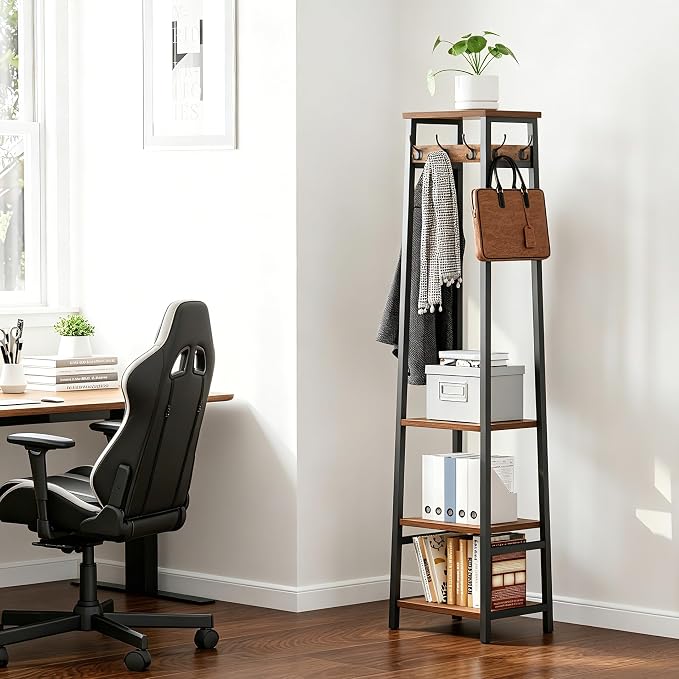 Coat Rack Freestanding, Coat Stand with 3 Shelves and 7 Hooks, Hall Tree Free Standing, Clothes Rack Stand Organizer, Industrial Style, Rustic Brown and Black