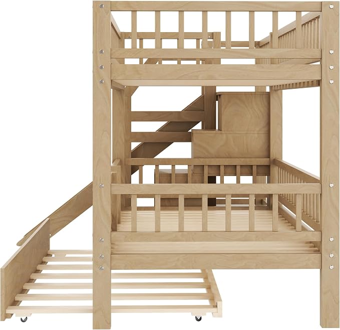 Twin Over Twin Bunk Bed with Storage Staircase, Slide and Trundle,for Kids Teens Adults Bedroom Use (Walnut-ST, Twin Over Twin)