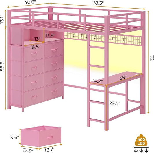 ADORNEVE Twin Size Loft Bed with Desk and 8 Storage Drawers, Metal Kids Loft Bed Twin with LED Lights & Charging Sation, Storage Shelves, 13.1" H Safety Guard & Ladder, No Box Spring Needed, Pink