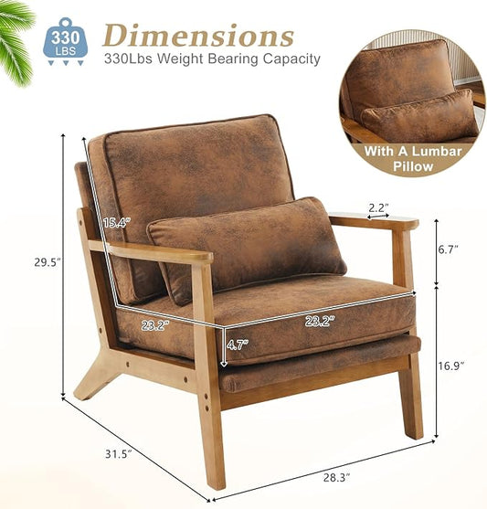 VINGLI Solid Wood Wide Armrests Accent Chair Set of 2,Upholstered Mid Century Modern Chair with Pillow,Farmhouse Arm Chair Comfy Reading Chair,Chairs Living Room,Bedroom,Guest Room,Suede,Rustic