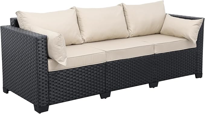 Rattaner Patio Furniture 3-seat Sofa Wicker Outdoor Furniture Outdoor Couch Deep Seat Hight Backrest Waterproof Cover Anti-Slip Cushions, Khaki