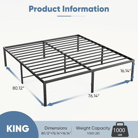 DUMOS King Size 16 Inch Bed Frame - Metal Platform Bed Frame Mattress Foundation with Steel Slat Support, No Box Spring Needed, Storage Space Under Base, Easy Assembly, Black