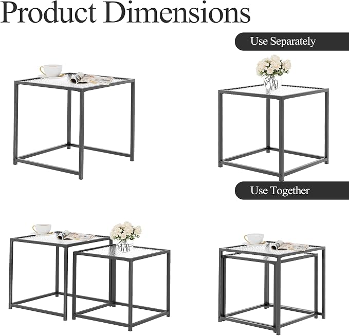 Garden 4 you Coffee Table Set of 2, Modern Patterned Glass Nesting Table, Metal Frame Square Center Table Set, Side Tables, Nesting Coffee Table for Living Room, Bedroom and Small Spaces, 19.7in Black