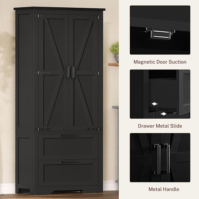 TEENFON 66.1" H Storage Cabinet, Farmhouse Kitchen Pantry Cabinet with 2 Drawers & Adjustable Shelf, Bathroom Cabinet, for Living Room, Kitchen, Bathroom, Black