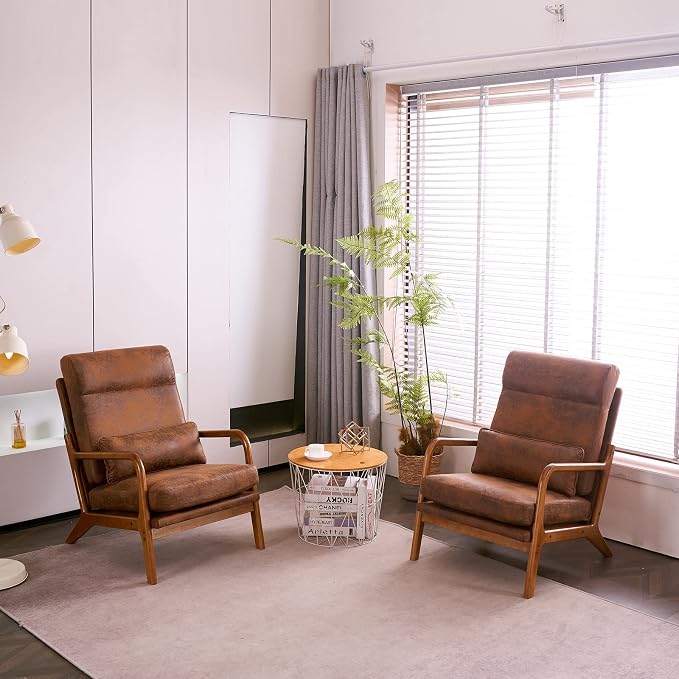 Karl home Accent Chair High Back Mid-Century Modern, Brown | Bronzing Cloth Upholstered, Walnut Color Solid Rubber Wood Frame, Soft Cushion with Pillow, For Living Room, Bedroom, Balcony
