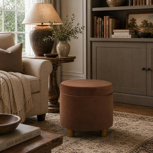 HomePop Home Decor | Upholstered Round Storage Ottoman | Ottoman with Storage for Living Room & Bedroom, Spice Orange Velvet Large
